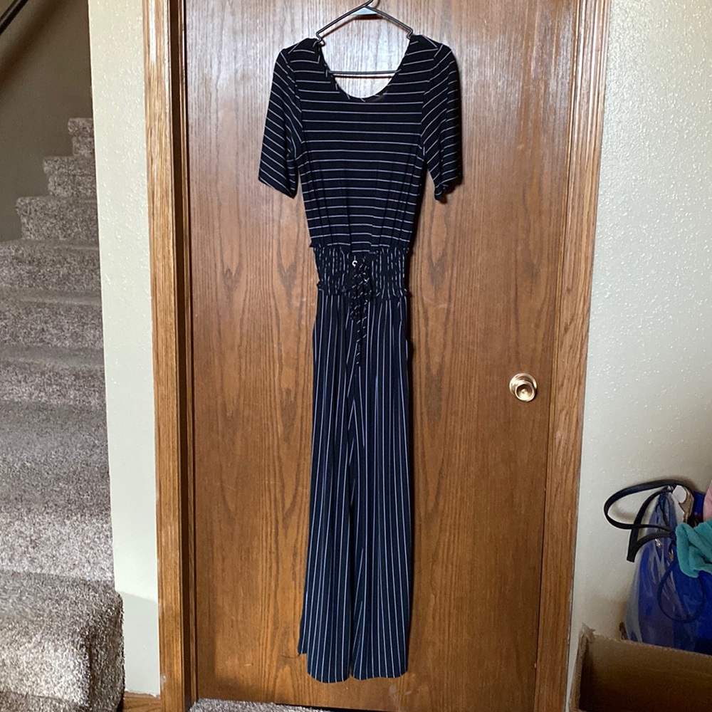 Women’s black pinstripe shortsleeved jumpsuit
